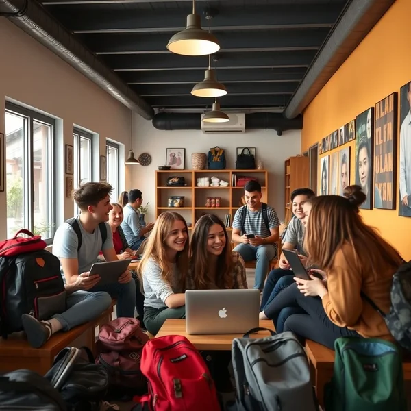 A group of young travelers in the common area of a youth hostel