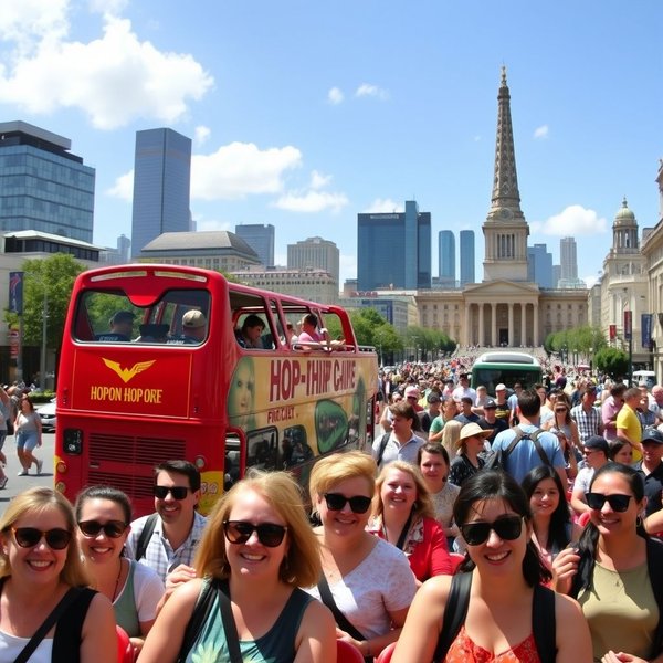A tourist using a hop-on-hop-off bus tour in a city.