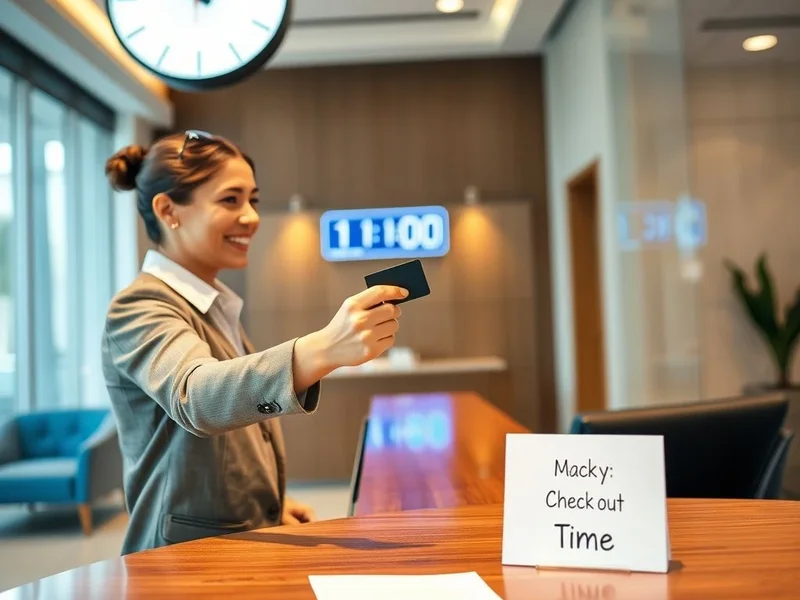 Image of a hotel reception desk with a clock showing the check-out time