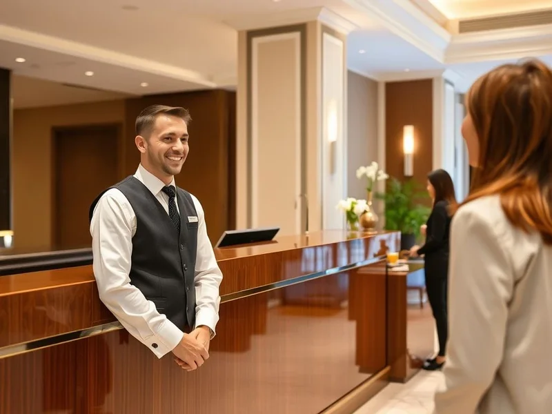 A person asking for help at the front desk in a hotel lobby.