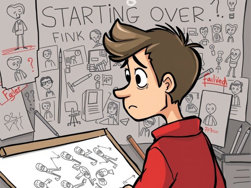Illustration of a frustrated person looking at a messy drawing board, symbolizing going Back To The Drawing Board