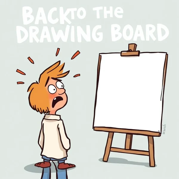 Illustration of a frustrated person looking at a messy drawing board, symbolizing going Back To The Drawing Board