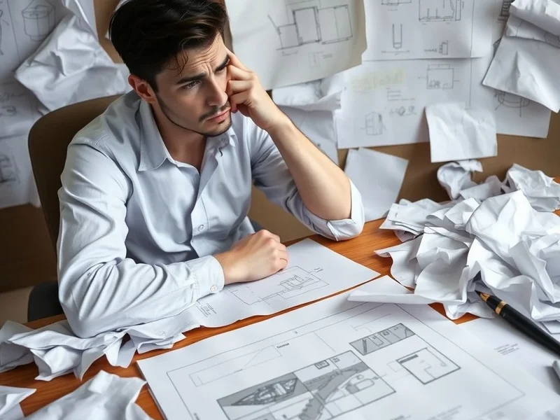 Illustration of a frustrated person looking at a messy drawing board, symbolizing going Back To The Drawing Board