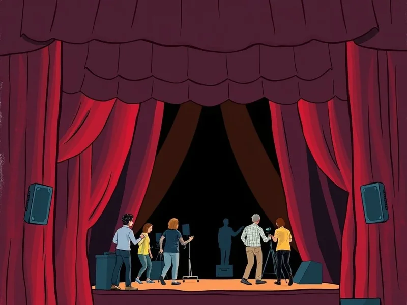 An illustration of a stage with the curtains slightly open, revealing people working, representing the concept of Behind The Scenes