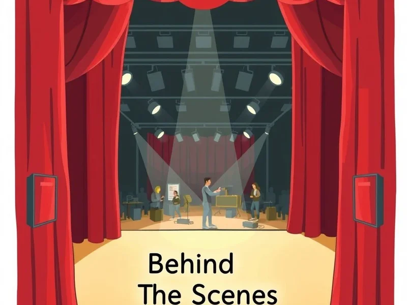 An illustration of a stage with the curtains slightly open, revealing people working, representing the concept of Behind The Scenes