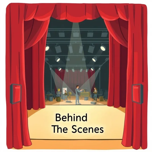 An illustration of a stage with the curtains slightly open, revealing people working, representing the concept of Behind The Scenes