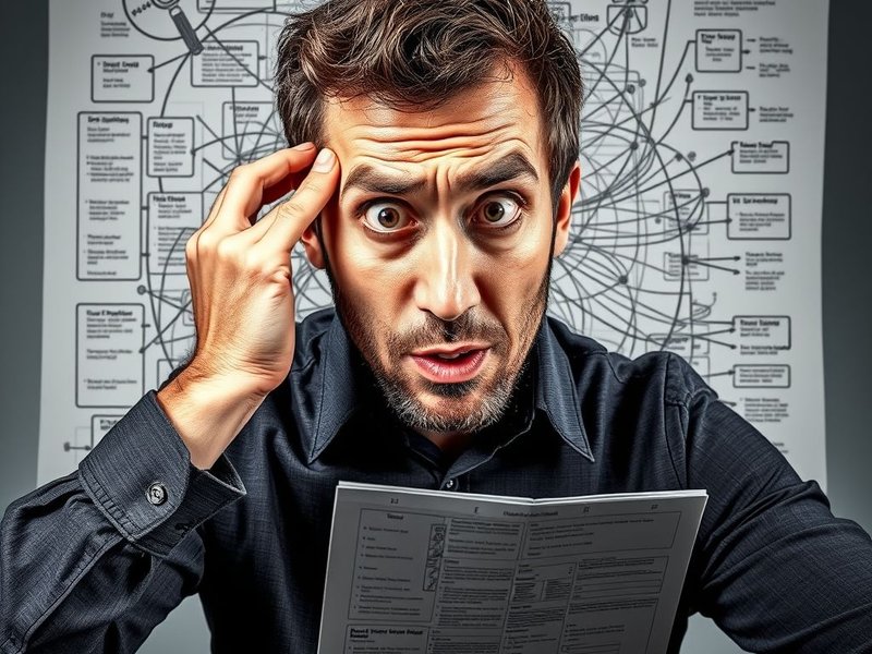 A person looking confused at a complex diagram to illustrate Can't Make Heads Or Tails Of It