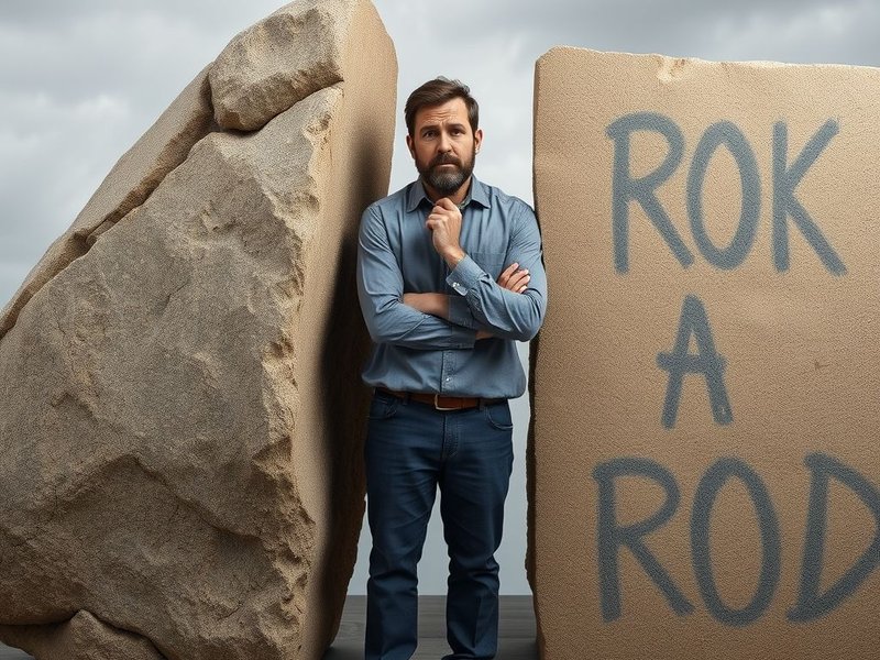 Hombre con aspecto conflictivo, simbolizando el idioma "Between A Rock And A Hard Place"