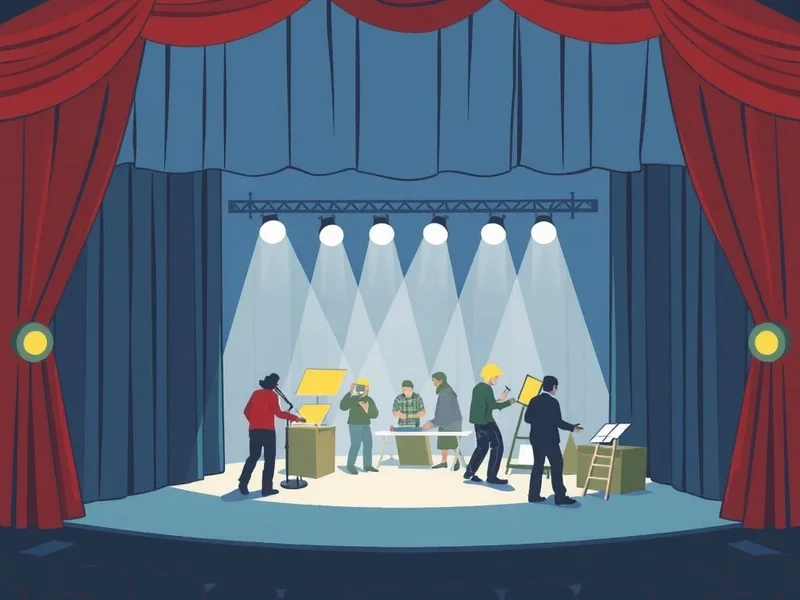An illustration of a stage with the curtains slightly open, revealing people working, representing the concept of Behind The Scenes