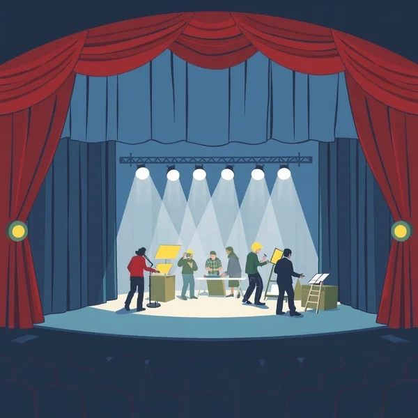 An illustration of a stage with the curtains slightly open, revealing people working, representing the concept of Behind The Scenes