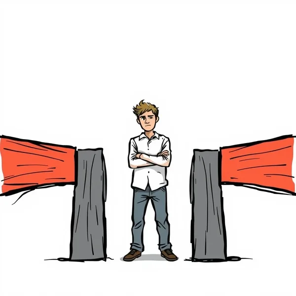 Người đàn ông trông bối rối, biểu tượng cho thành ngữ "Between A Rock And A Hard Place"