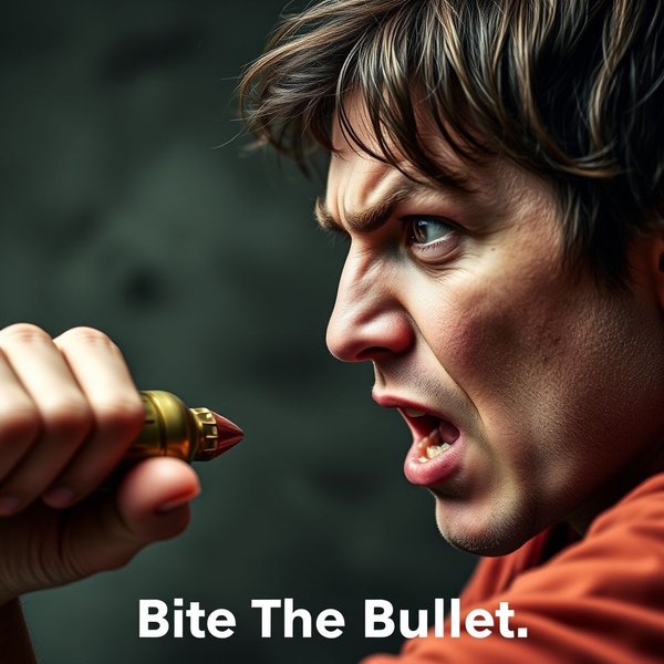 A determined person ready to Bite The Bullet, symbolizing facing a challenge