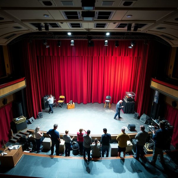 An illustration of a stage with the curtains slightly open, revealing people working, representing the concept of Behind The Scenes
