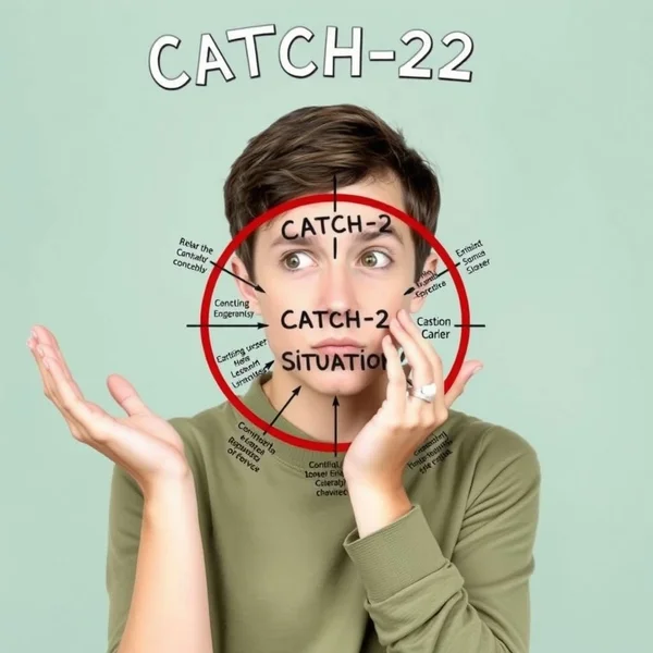 A visual representation of a person looking confused at a Catch-22 Situation, perhaps a circular maze with no exit