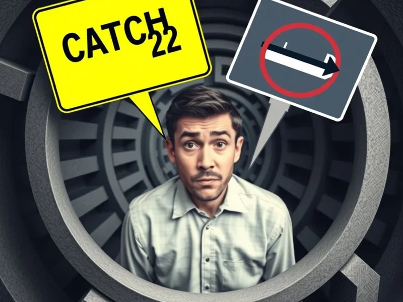 A visual representation of a person looking confused at a Catch-22 Situation, perhaps a circular maze with no exit