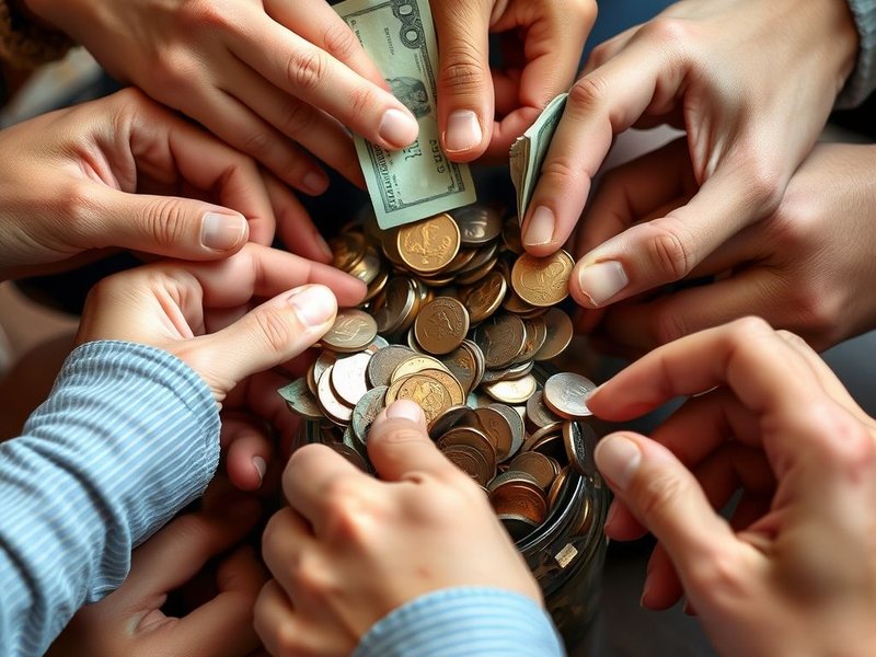 Gente juntando monedas, ilustrando el modismo "Chip In"