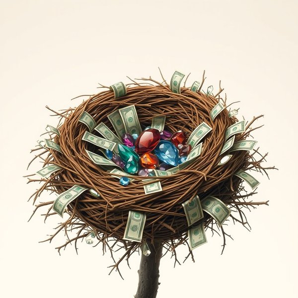 A comfortable nest with feathers, symbolizing someone enriching themselves, illustrating the idiom Feather One's Own Nest