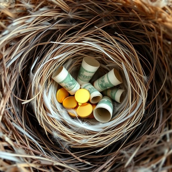 A comfortable nest with feathers, symbolizing someone enriching themselves, illustrating the idiom Feather One's Own Nest