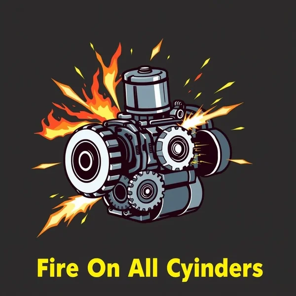 Illustration representing 'Fire On All Cylinders' with dynamic gears and sparks to show peak performance