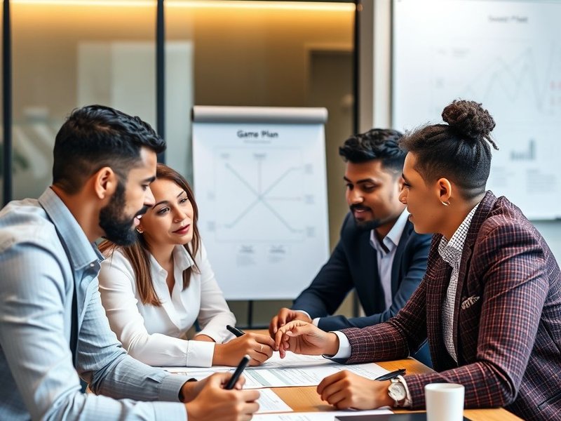 A group of people discussing a strategy around a table with a whiteboard illustrating a Game Plan
