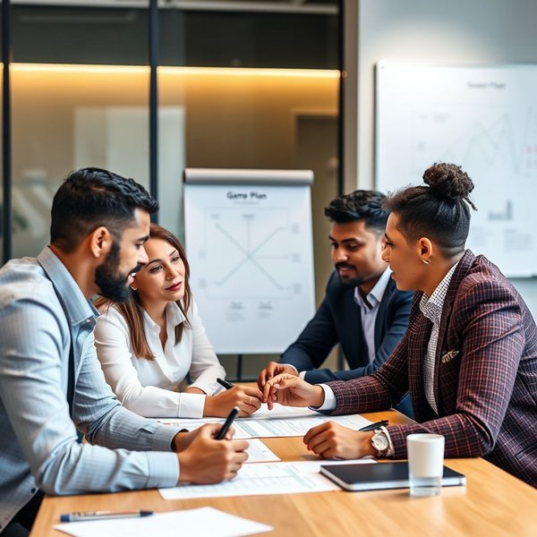 A group of people discussing a strategy around a table with a whiteboard illustrating a Game Plan