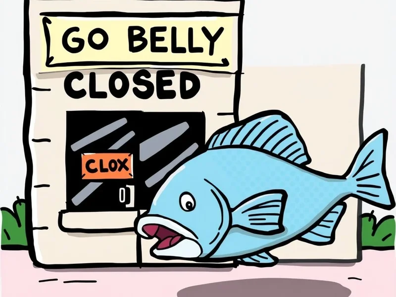 Illustration for the idiom Go Belly Up showing a failed business or a fish literally belly up