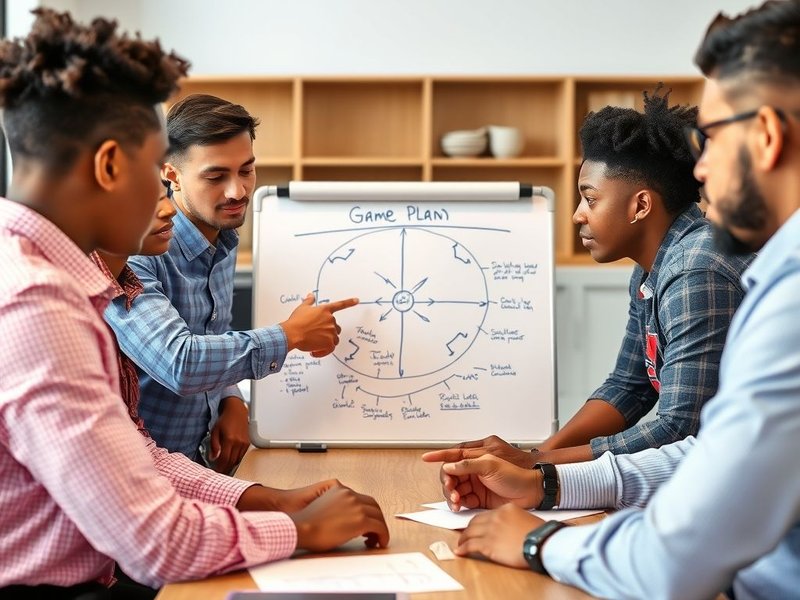 Un grupo de personas discutiendo una estrategia alrededor de una mesa con una pizarra que ilustra un Game Plan