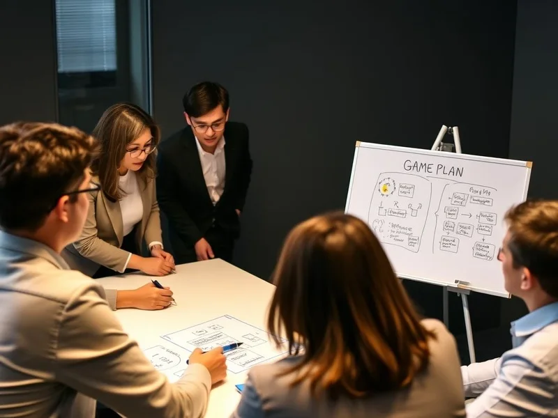 Một nhóm người đang thảo luận chiến lược xung quanh một cái bàn với bảng trắng minh họa Game Plan