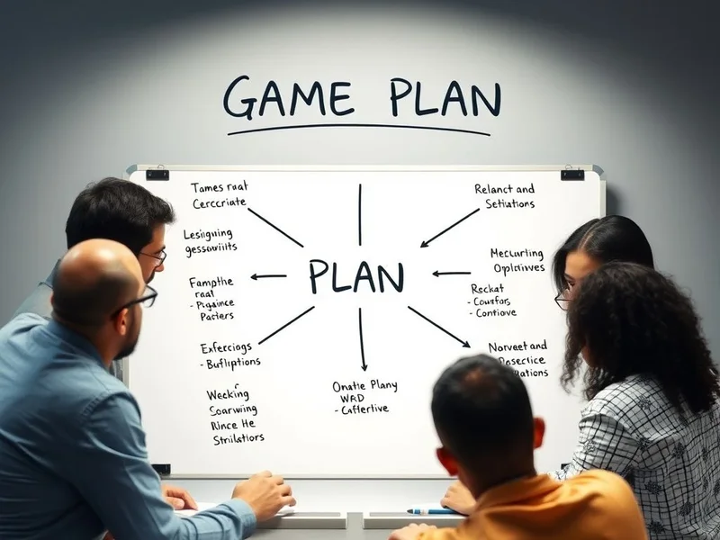 A group of people discussing a strategy around a table with a whiteboard illustrating a Game Plan