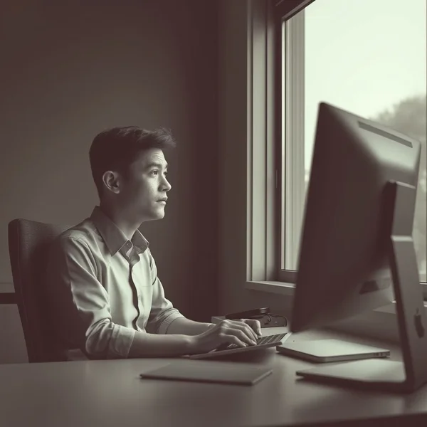 Man looking bored while working, illustrating the concept of 'Go Through The Motions'