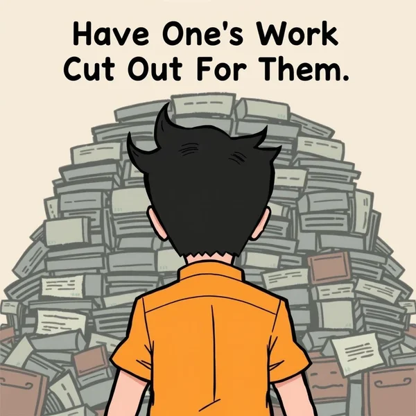 Illustration showing a person looking at a large pile of papers, representing the idiom Have One's Work Cut Out For Them