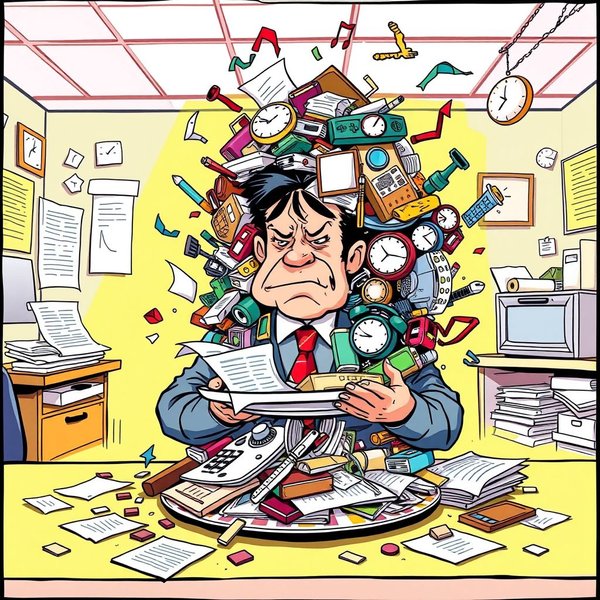 Một người trông căng thẳng với nhiều công việc, minh họa cho thành ngữ "Have A Lot On One's Plate"