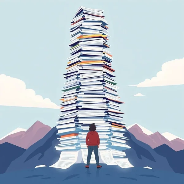 Illustration showing a person looking at a large pile of papers, representing the idiom Have One's Work Cut Out For Them