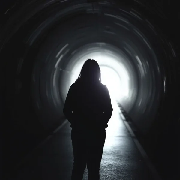 Woman looking towards a light, representing the idiom Light At The End Of The Tunnel