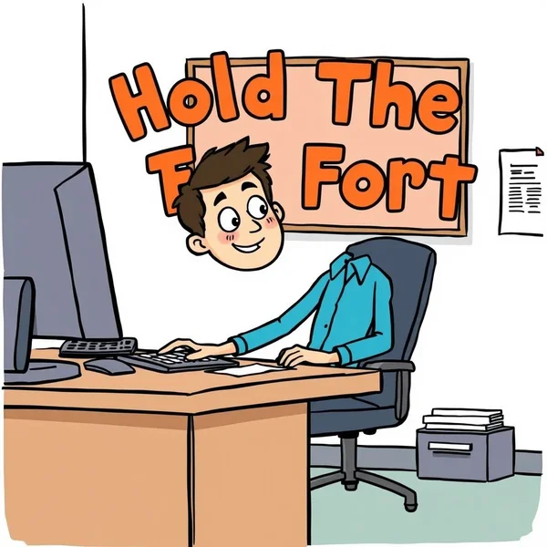 Persona gestionando con confianza un escritorio de oficina, ilustrando el modismo "Hold The Fort"