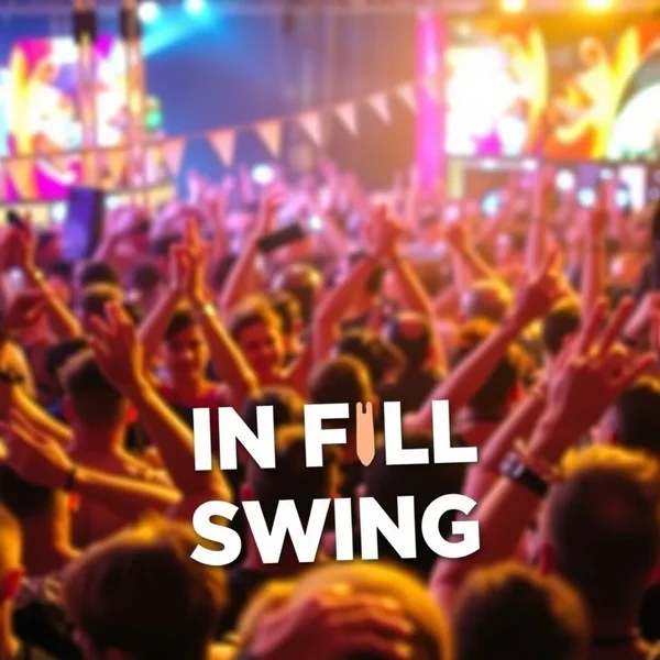 Una escena de fiesta o festival animada, que ilustra un evento In Full Swing