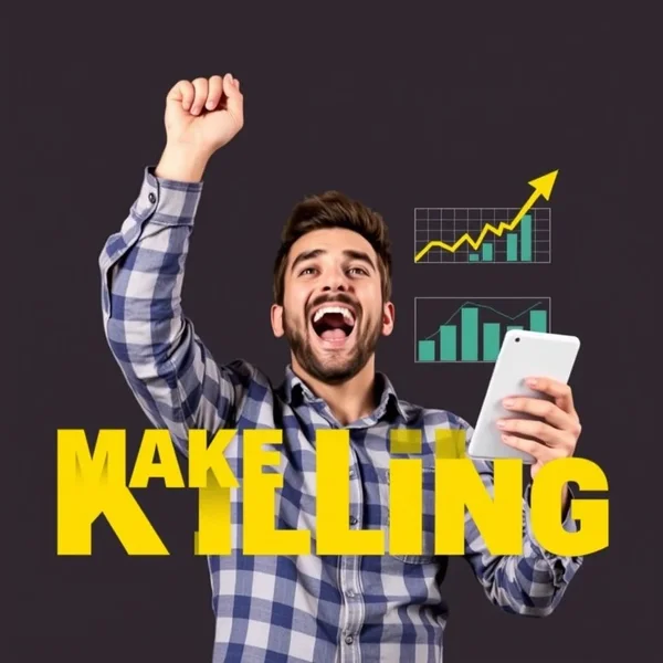 Hombre celebrando el éxito financiero, ilustrando el concepto de "Make A Killing"