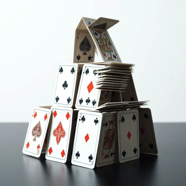 A fragile structure made of playing cards, illustrating the idiom House of Cards
