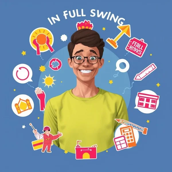 Một cảnh tiệc tùng hoặc lễ hội sôi động, minh họa một sự kiện đang In Full Swing