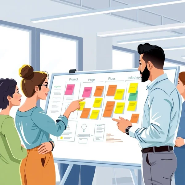 Personas colaborando para "resolver los problemas iniciales" en un nuevo plan de proyecto
