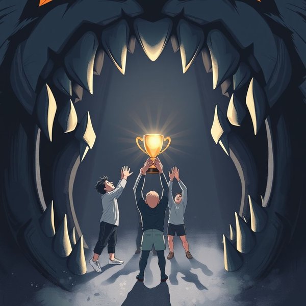 An image illustrating the concept of snatching victory from the Jaws Of Defeat, perhaps a sports team celebrating an unlikely win.
