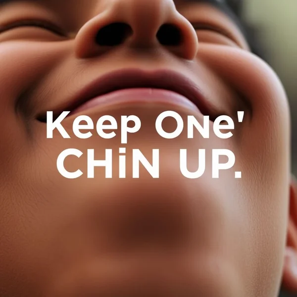 Image of a person looking hopeful with the text "Keep One's Chin Up" overlaid