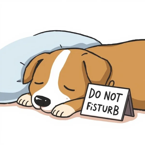 Minh họa một chú chó đang ngủ với biển báo "Do Not Disturb" (Không làm phiền), thể hiện thành ngữ Let Sleeping Dogs Lie