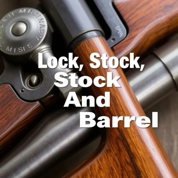 Image showing a collection of items, perhaps an old musket, with the text "Lock, Stock, And Barrel" overlaid