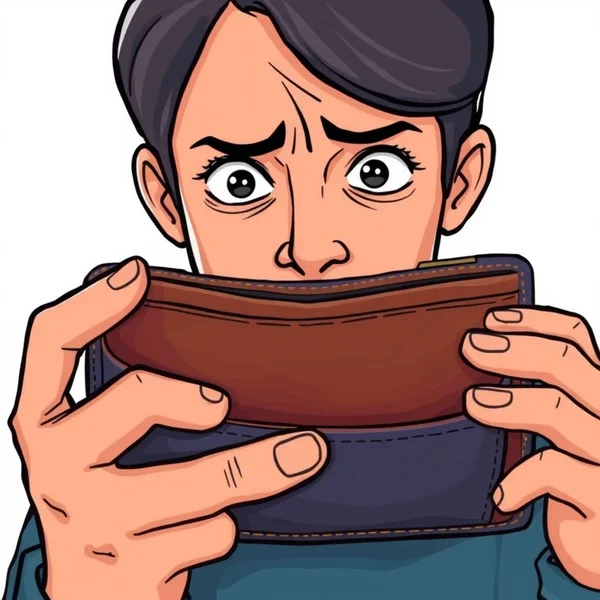 A person looking worriedly at an empty wallet, illustrating the concept of "to lose one's shirt"