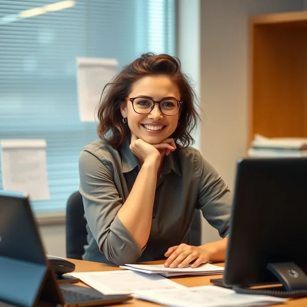 Person confidently managing an office desk, illustrating the idiom "Hold The Fort"