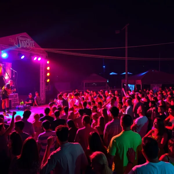A lively party or festival scene, illustrating an event In Full Swing