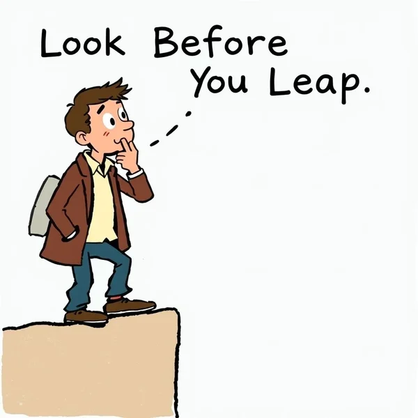 A person carefully peering over a ledge before jumping, illustrating the idiom 'Look Before You Leap'