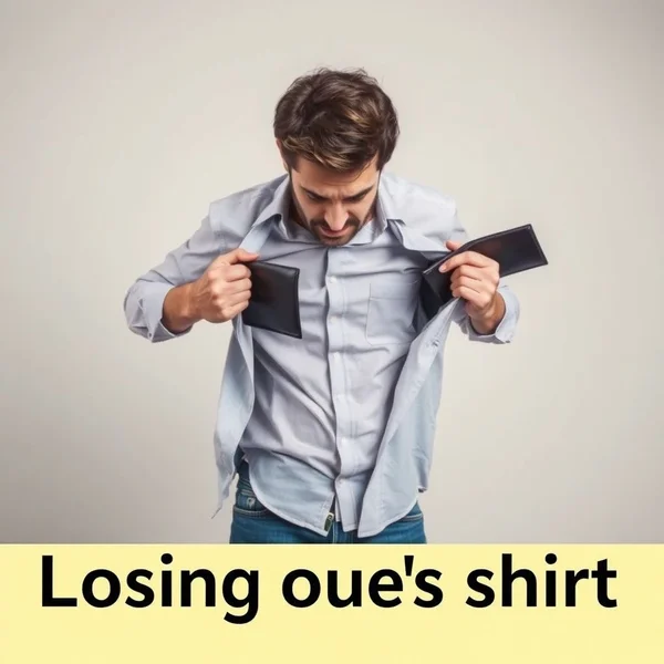 A person looking worriedly at an empty wallet, illustrating the concept of "to lose one's shirt"