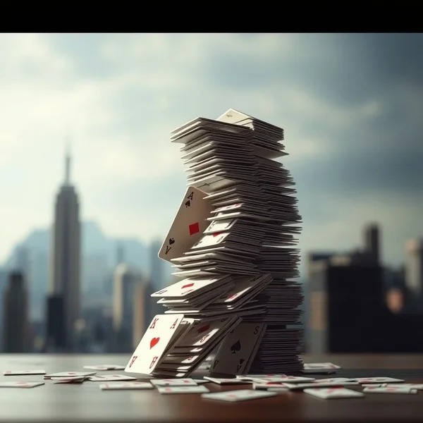 A fragile structure made of playing cards, illustrating the idiom House of Cards